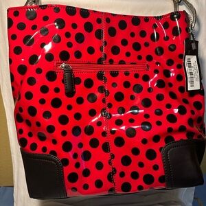 Dasein Red Black Polka Dot Tote Purse Patent Finish Shoulder Bag Vegan
